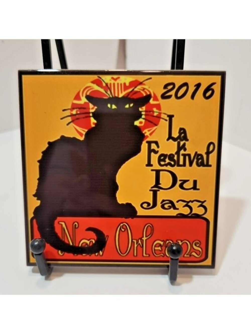 2016 New Orleans La Festival Du Jazz Pottery Tile Coaster w/ French Cat Decor